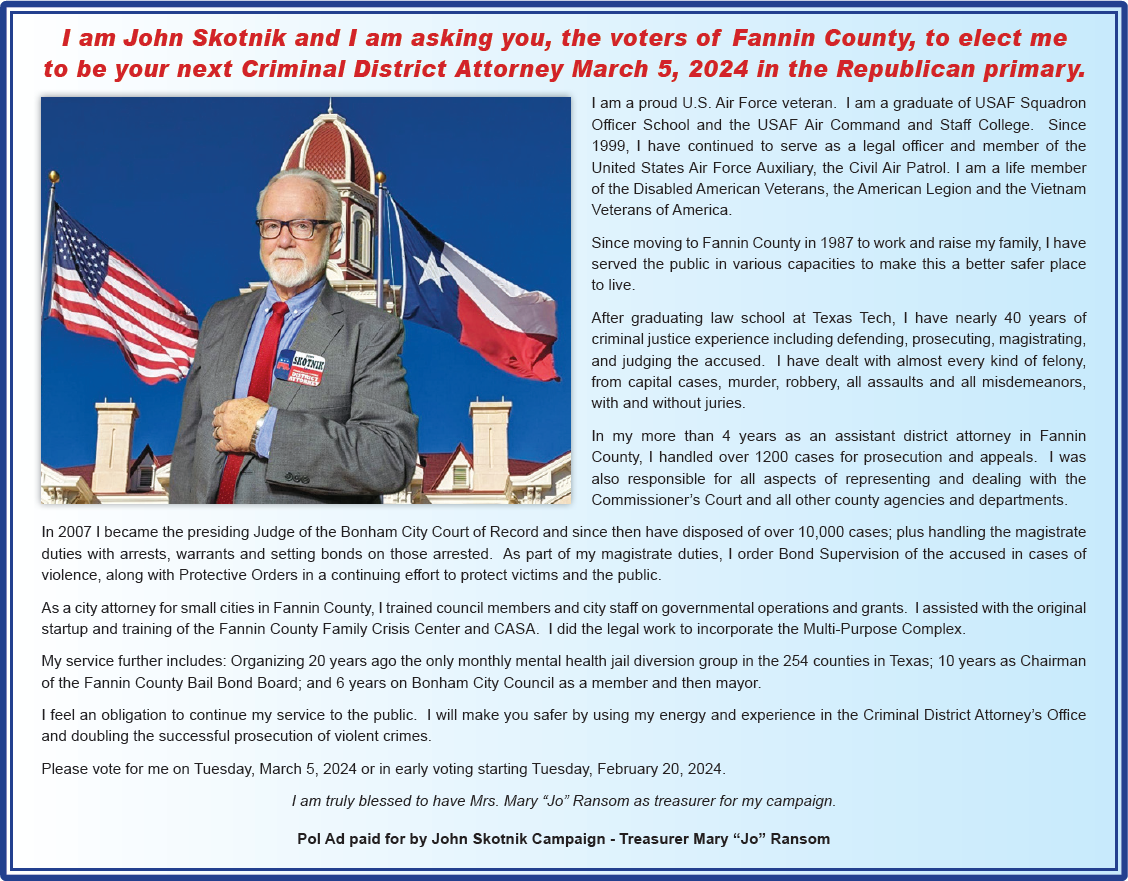 John Skotnik for Fannin County Criminal District Attorney